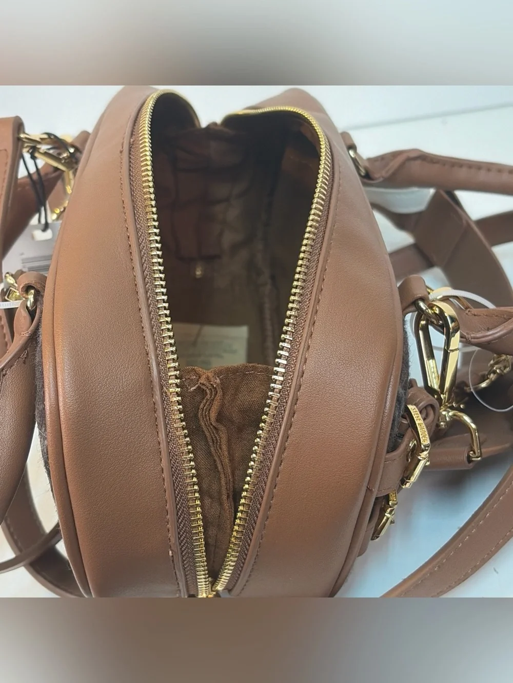 Steve Madden Brown Plaid Blennix Nutshell Crossbody Bag Tassel Dog Charm Fall